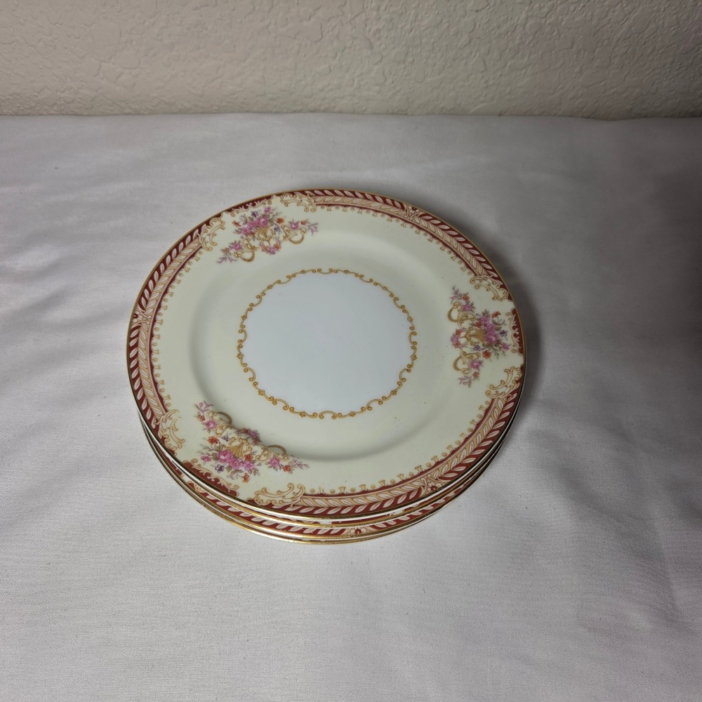 Noritake Japan Vintage Bread Butter Plates Set/4 Floral Gold Red Border 6.25in